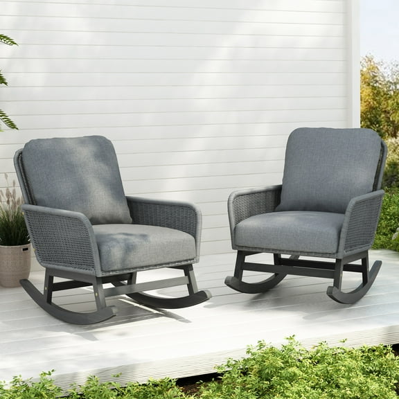 Minimalist Gray Rocking Chair With Seat Cushions And Iron Construction For Outdoor Contemporary Comfortable Frame Patio