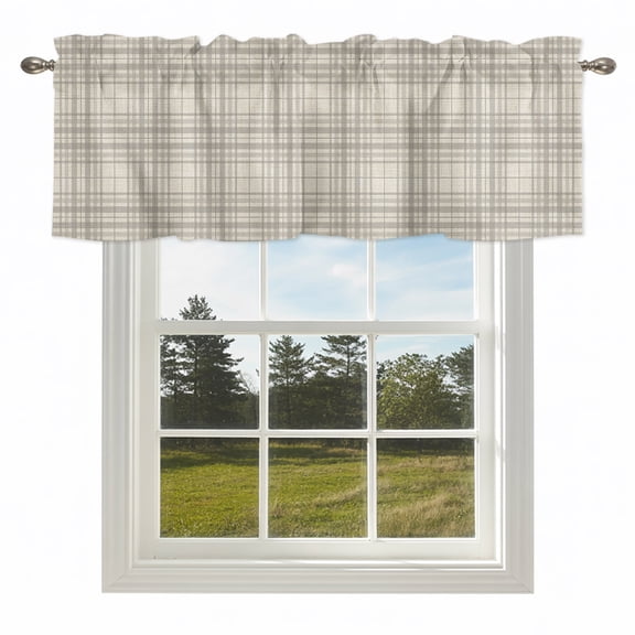 Minimalist Gray Stripe on Beige Valances for Windows,Rod Pocket Valance for Kitchen Bedroom Bathroom Living Room, Rustic Lattice Plaid Window Valance Curtain Farmhouse Short Curtains 54x18in