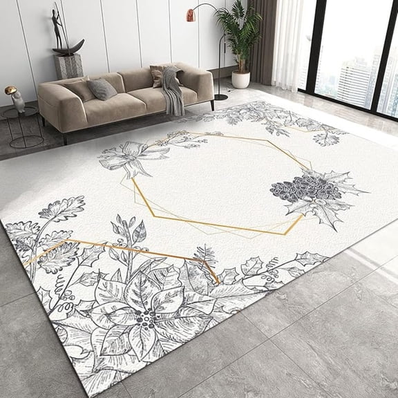 Minimalist Gray-White Leaves Area Rugs, 3D Hand Drawn Plant Grape Fruit Living Room Carpet, Non-Slip Mat Bright Color Light Texture Apply To Living Room Study Bedroom 4x5ft