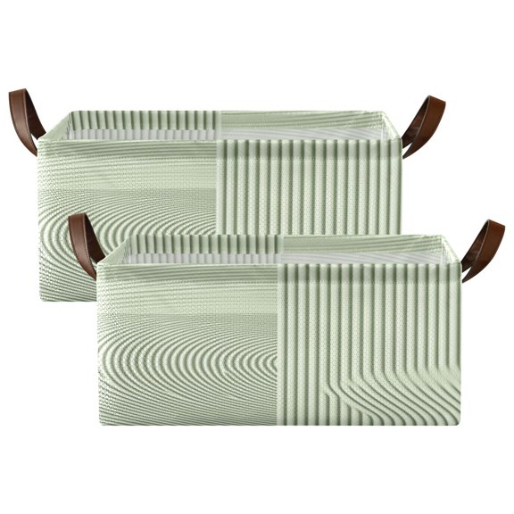 Minimalist Green Line Pattern Shelf Baskets Set of 2 Foldable Metal Frame Open Storage Bins 16.9x11.4x7.7in Large Capacity