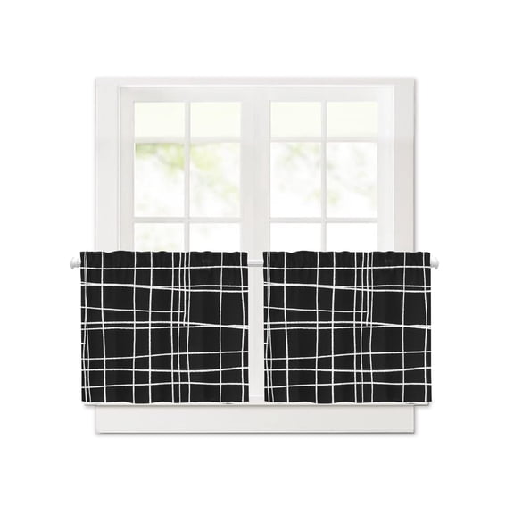 Minimalist Grid Lines Short Blackout Curtains 30 Inch Long,Window Pane on Black Background Rod Pocket Kitchen Curtains,2 Panels Thermal Insulated Room Darkening Drapes for Bedroom,30"W x 30"L