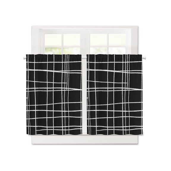 Minimalist Grid Lines Short Blackout Curtains 36 Inch Long,Window Pane on Black Background Rod Pocket Kitchen Curtains,2 Panels Thermal Insulated Room Darkening Drapes for Bedroom,30"W x 36"L