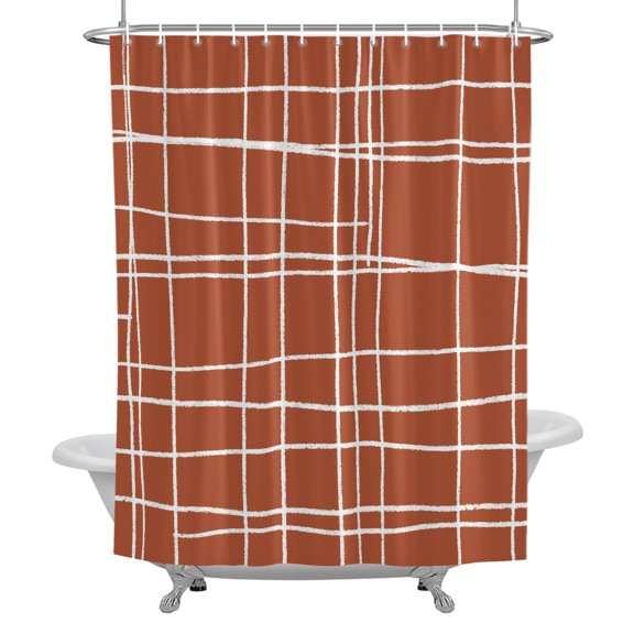 Minimalist Grid Lines Shower Curtain, Modern Rustic Simple Checkered Orange Waterproof Fabric Bathroom Shower Curtains Set with Hooks, 72 X 72 Inch Long