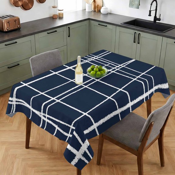 Minimalist Grid Lines Table Cloth 52x70in, Waterproof Rectangle Tablecloth Wipeable Tablecloths Navy Blue Background Table Covers for Dining Tables Party Indoor Outdoor