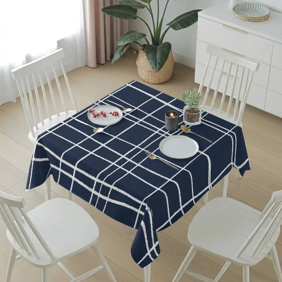 Minimalist Grid Lines Table Cloth 54x54in, Waterproof Square Tablecloth Wipeable Tablecloths Navy Blue Background Table Covers for Dining Tables Party Indoor Outdoor