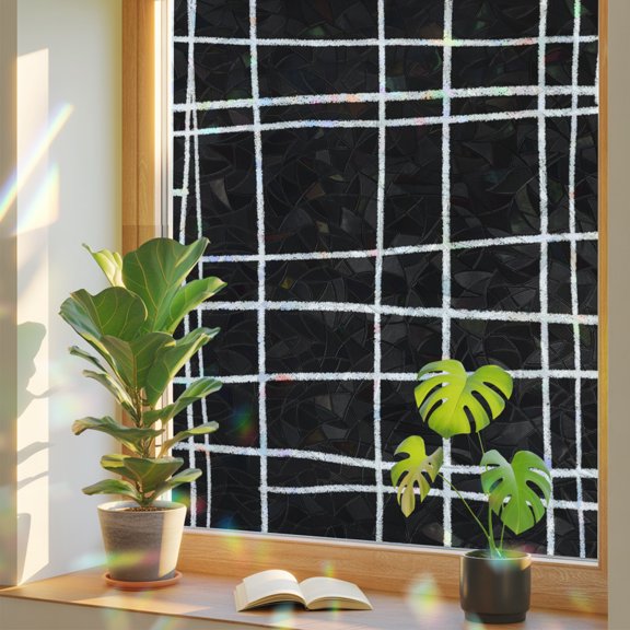 Minimalist Grid Lines Window Privacy Film, Rainbow Film Decorative Window Sticker 17.7x39.3in, Window Pane on Black Background Sun Blocking Static Stained Glass Cling Tint Non-Adhesive