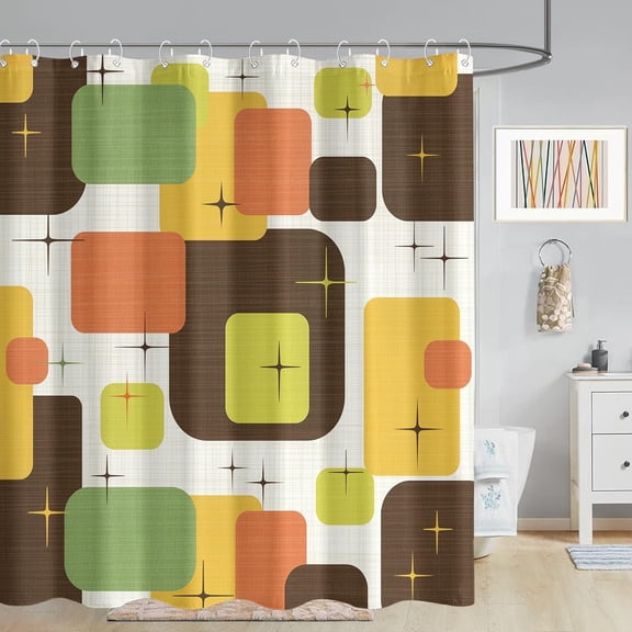 Minimalist Grid Shower Curtain Set Geometric Blocks Print Waterproof Bathroom Decor Simple Abstract Home, Polyester with Hooks 72"W x 96"L (Pack of 1)