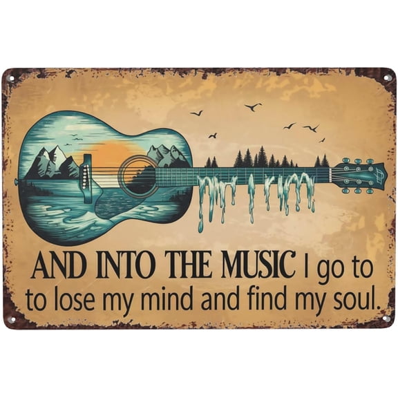 Minimalist Guitar Metal Tin Sign Wall Art, Into The Music I Go Quote, Recording Studio and Man Cave Wall Decor, 8 x 12 Inch