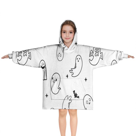 Minimalist Halloween Ghost Pattern Blanket Hoodies for Kids 6-13YR Oversize Wearable Blanket Hoodies for Boys Girls Teens