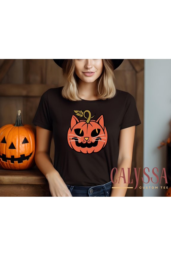 Minimalist Halloween Shirt, Pumpkin Cat Face Gift Shirt - Retro Halloween Cat Pumpkin T-Shirt, Cute Fall Kitty Tee, Halloween Party Tee