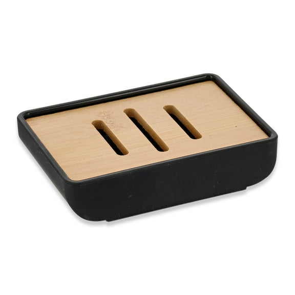 Minimalist Hand Soap Dish Black Rubber and Bamboo
