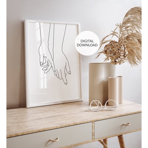 Minimalist Hands Line Art Wall Art Print, Romantic Couple Decor