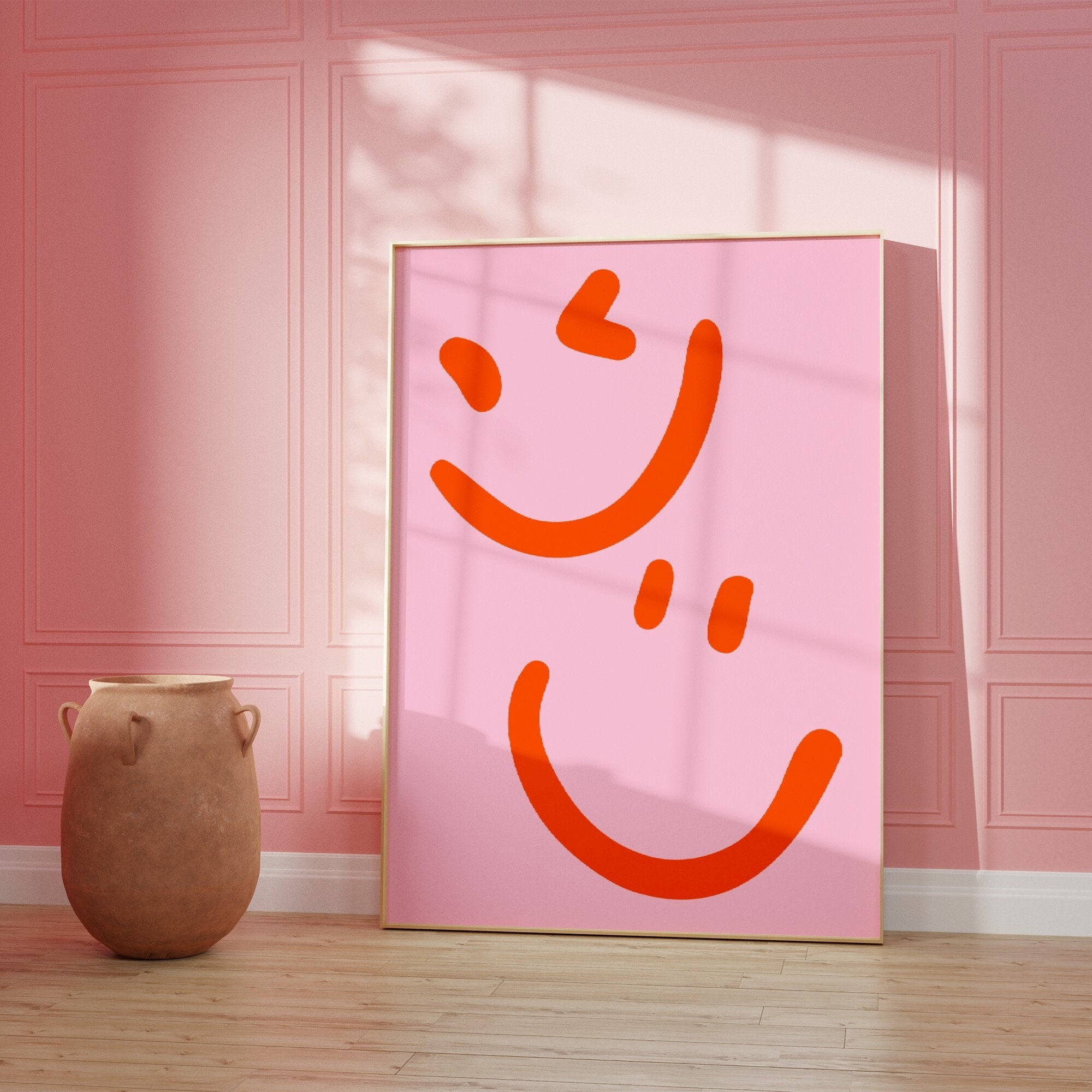 Minimalist Happy Face Print Wall Art Bold Pink Orange Modern Art For ...