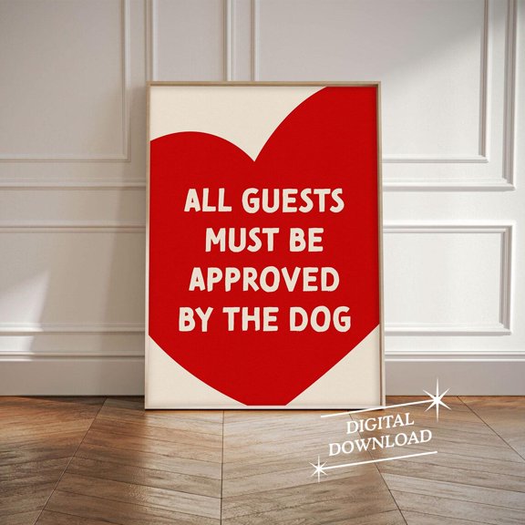 Minimalist Heart Canine Wall Art Typography Red Design Dog Owners Gift, Unframed Poster