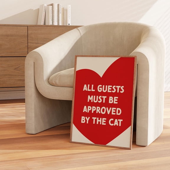 Minimalist Heart Feline Wall Art Typography Red Design Cat Owners Gift, Unframed Poster