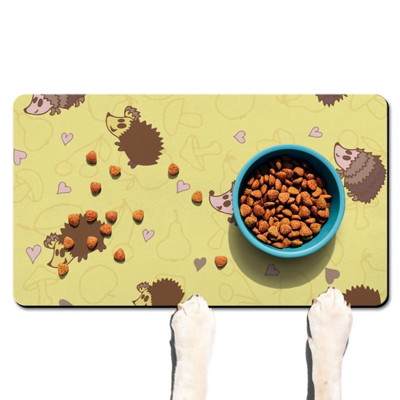 Minimalist Hedgehog Pet Food Mat - Waterproof Dog Feeding Pad with Abstract Hedgehog & Floral Pattern, Easy to Clean