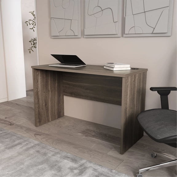Minimalist Home Office Desk | Used in Primary Area with Style | Gray Walnut Particle - Board Desk | Keeps Desk Tidy and Wires Out of Sight