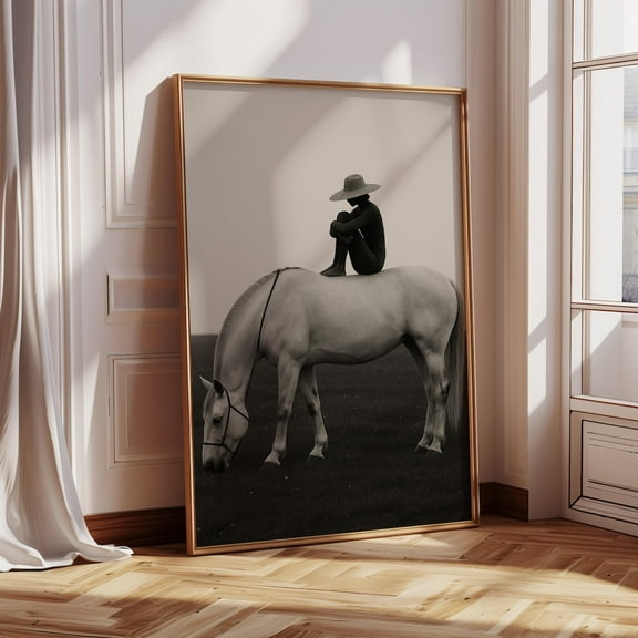 Minimalist Horse And Rider Wall Art – Black And White Western Photography – Serene Equestrian Print For Rustic Or Modern Decor Wall Art, Modern Wall Decor, 8x12 UNFRAMED