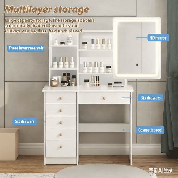 Minimalist Japandi Vanity Table with 6 Drawers, Multifunctional Storage, Perfect for Small Bedrooms & Apartments, Modern Nordic Style