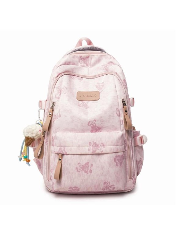 Minimalist Japanese Academy Nylon Rucksack, Multi-Pocket Water-Repellent Daypack, Ergonomic Shoulder Strap Carryall for Leisure Travel Commute, 18.11 Inch (Pink)