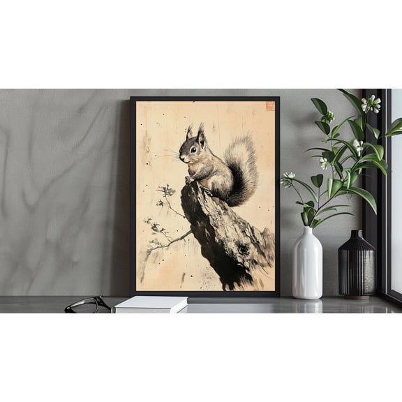 Minimalist Japanese Ink Squirrel Art Print, Zen Animal Wall Decor, Japanese Aesthetic Art, Nature-Inspired Home Decor Wall Art, Modern Wall Decor, 16x24 UNFRAMED