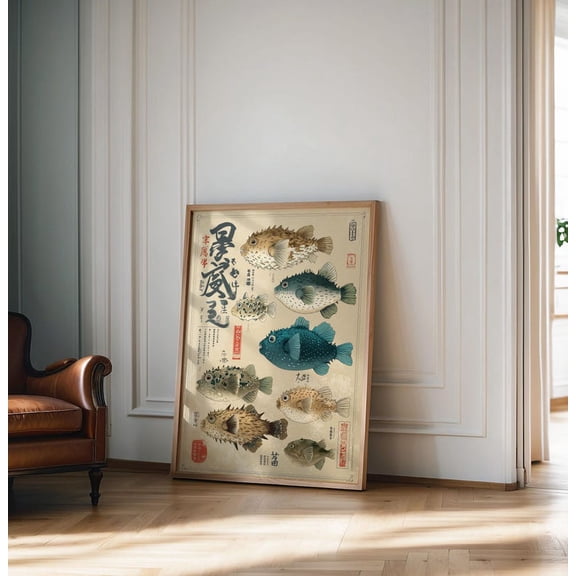 Minimalist Japanese Ocean Illustration Pufferfish Wall Art Decor Poster Print 8x12 UNFRAMED
