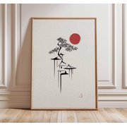 Minimalist Japanese Pagoda Art Print, Zen Red Sun Wall Poster, Japanese Ink Line Artwork, Poster Only