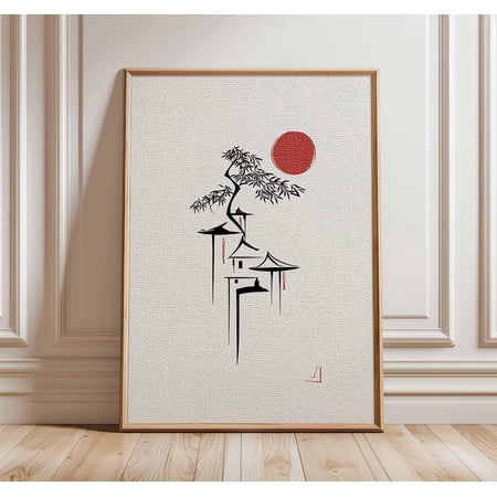 Minimalist Japanese Pagoda Art Zen Red Sun Wall Poster Ink Line, Unframed Poster