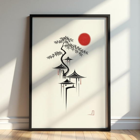 Minimalist Japanese Temple Wall Art Zen Pagoda Poster Japandi Ink Illustration Red Sun Asian Decor Abstract Oriental Print