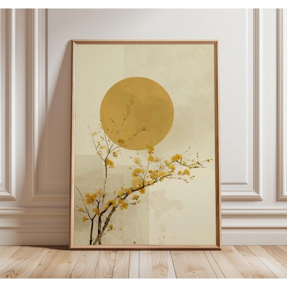 Minimalist Japanese Wall Art Yellow Sun and Blossom Poster Zen Botanical Print for Modern