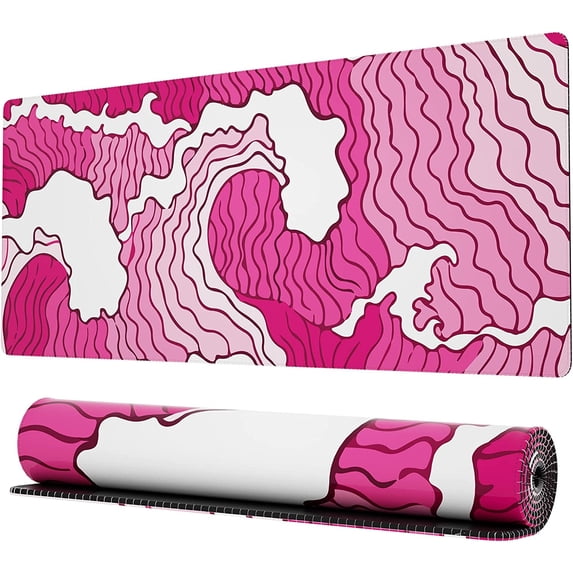 Minimalist Japanese Wave Extended Gaming Computer Mouse Pad, Cute Anime Mouse Pad for Desk, Kawaii Pink Desk Mat for Keyboard and Mouse, Pink, 31.5 x 11.8 x 0.12 inches