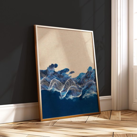 Minimalist Japanese Wave Japandi Ocean Modern Zen Sea Indigo Line Art, Unframed Canvas 8x10in