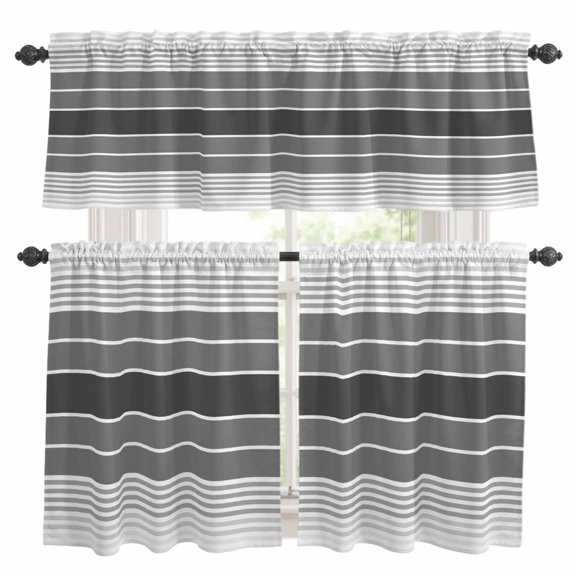 Minimalist Kitchen Curtains Valances and Tiers Set of 3 Dark Gray Gradient Gray Stripe Farm Tier Curtains and Valance with Rod Pocket for Small Windows, 27.5"x24"