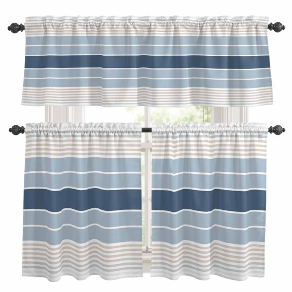 Minimalist Kitchen Curtains Valances and Tiers Set of 3 Grey-blue Gradient Gray Stripe Farm Tier Curtains and Valance with Rod Pocket for Small Windows, 27.5"x24"