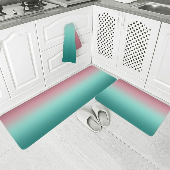 Minimalist Kitchen Floor Mats, Teal Pink Ombre Color 2 PCS Anti Fatigue Area Runner Rugs Set Abstract Gradient Color Non-Slip Bathroom Comfort Standing Mat Home Decor