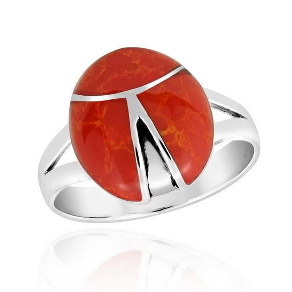 Minimalist Ladybug Inspired Red Coral Inlay Sterling Silver Band Ring for Female Anniversary Size-8