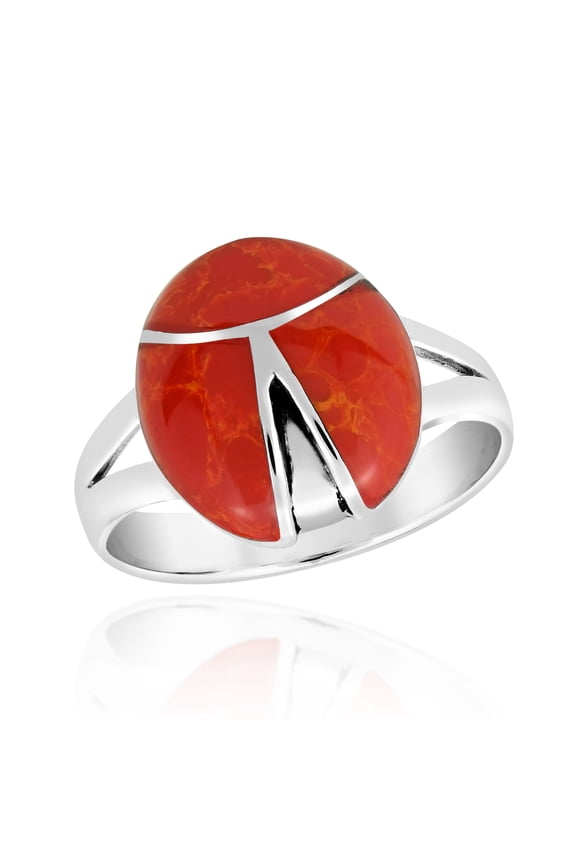 Minimalist Ladybug Inspired Red Coral Inlay Sterling Silver Band Ring for Female Anniversary Size-8
