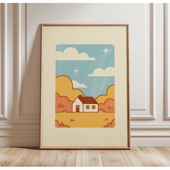 Minimalist Landscape Poster Small House Wall Art Nature Print Modern Neutral Decor Simple