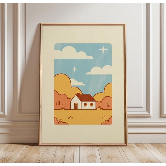 Minimalist Landscape Small House Nature Modern Neutral Decor Unframed Paper Print