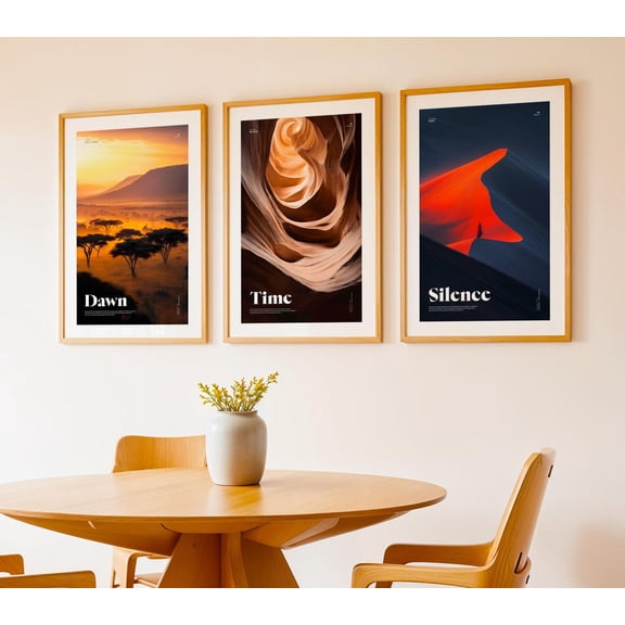 Minimalist Landscape Trio with Motivational Nature-inspired Art, Dawn, Time, Silence Poster Printed Poster, Poster Only