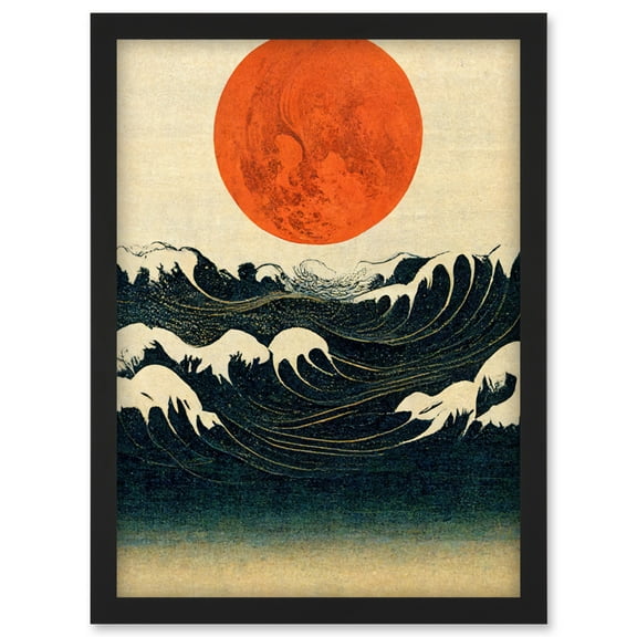 Minimalist Large Orange Moon Over Ocean Waves Ukiyo-e Style Artwork Framed Wall Art Print A4