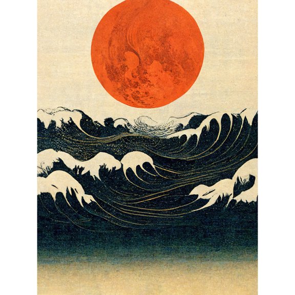 Minimalist Large Orange Moon Over Ocean Waves Ukiyo-e Style Unframed Wall Art Print Poster Home Decor