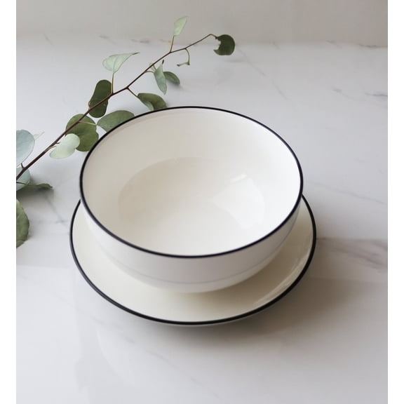 Minimalist Large White Ceramic Bowl 7" Modern Deep Serving Bowl with Black Rim | Dishwasher & Microwave Safe | Marcel Ardani