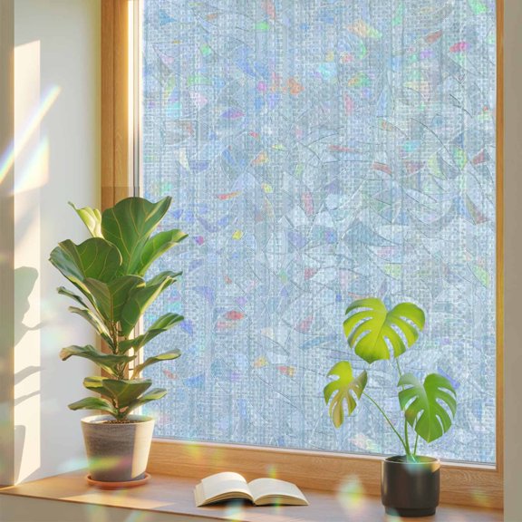 Minimalist Light Blue Window Privacy Film, Rainbow Film Decorative Window Sticker 17.7x39.3in, Vintage Linen Weave Textured Sun Blocking Static Stained Glass Cling Tint Non-Adhesive