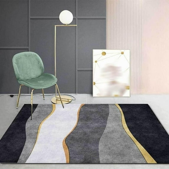 Minimalist Light Luxury Art Area Rug, Modern Black Gold White Gray Stripes Rectangle Rug, Cozy Non Slip Backing Washable Floor Mat For Living Room Bedroom Entryway Office 4x5ft