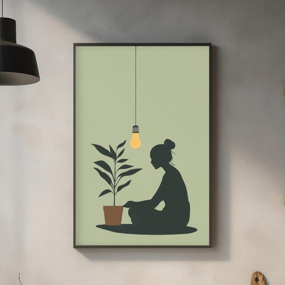 Minimalist Lightbulb Plant Modern Sage Green Conceptual Inspirational Office Creative Studio Poster Unframed Paper Print