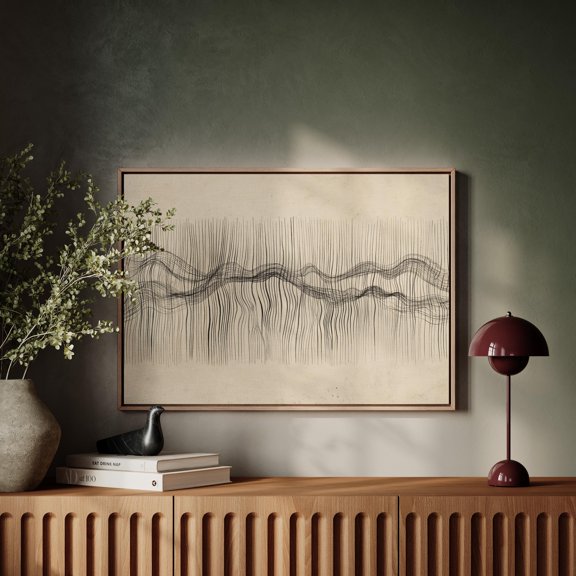 Minimalist Line Art Black Poster Ink Wave Flow Drawing On Beige Background , Poster Print Only