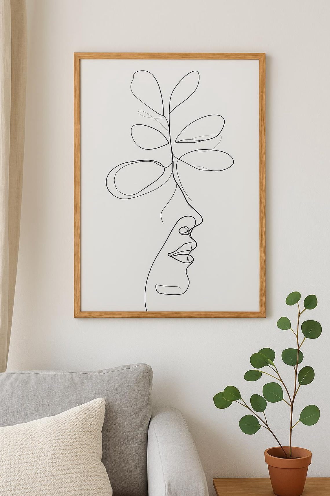 Minimalist Line Art Face With Leaves Poster One Line Drawing Print ...