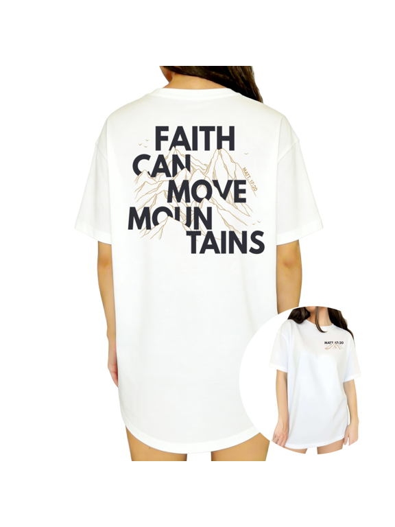 Minimalist Line Art Mountain Faith Quote Print Womens White Short Sleeve T-Shirt Oversized Tops