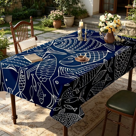 Minimalist Line Art Ocean Fish Pattern Tablecloth, Kitchen Dining Room Holiday Gathering Decor, Modern Nautical Home Table Cover, Thanksgiving Christmas Gift